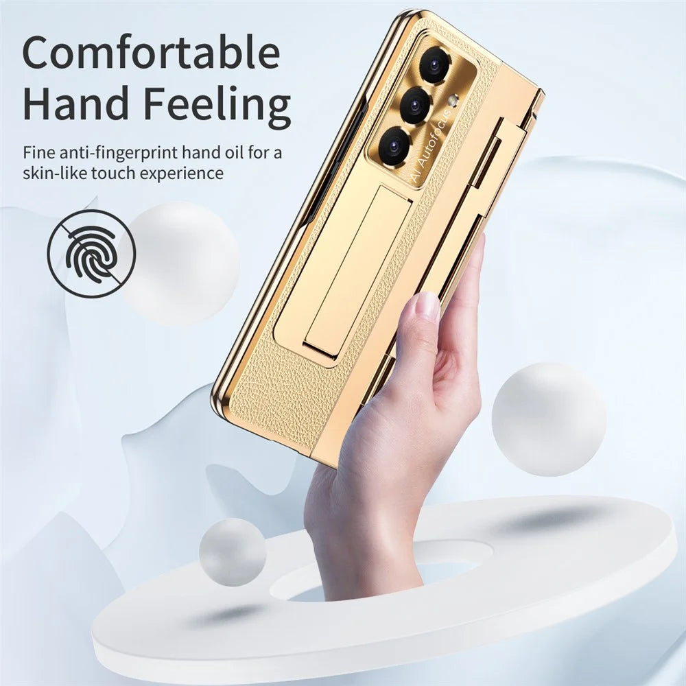 For Samsung Galaxy Z Fold7 5G Case Kickstand Leather + PC Phone Cover with Tempered Glass Film / Stylus - Gold + Black - 5