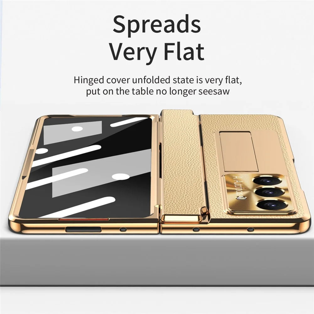 For Samsung Galaxy Z Fold7 5G Case Kickstand Leather + PC Phone Cover with Tempered Glass Film / Stylus - Gold + Black - 7