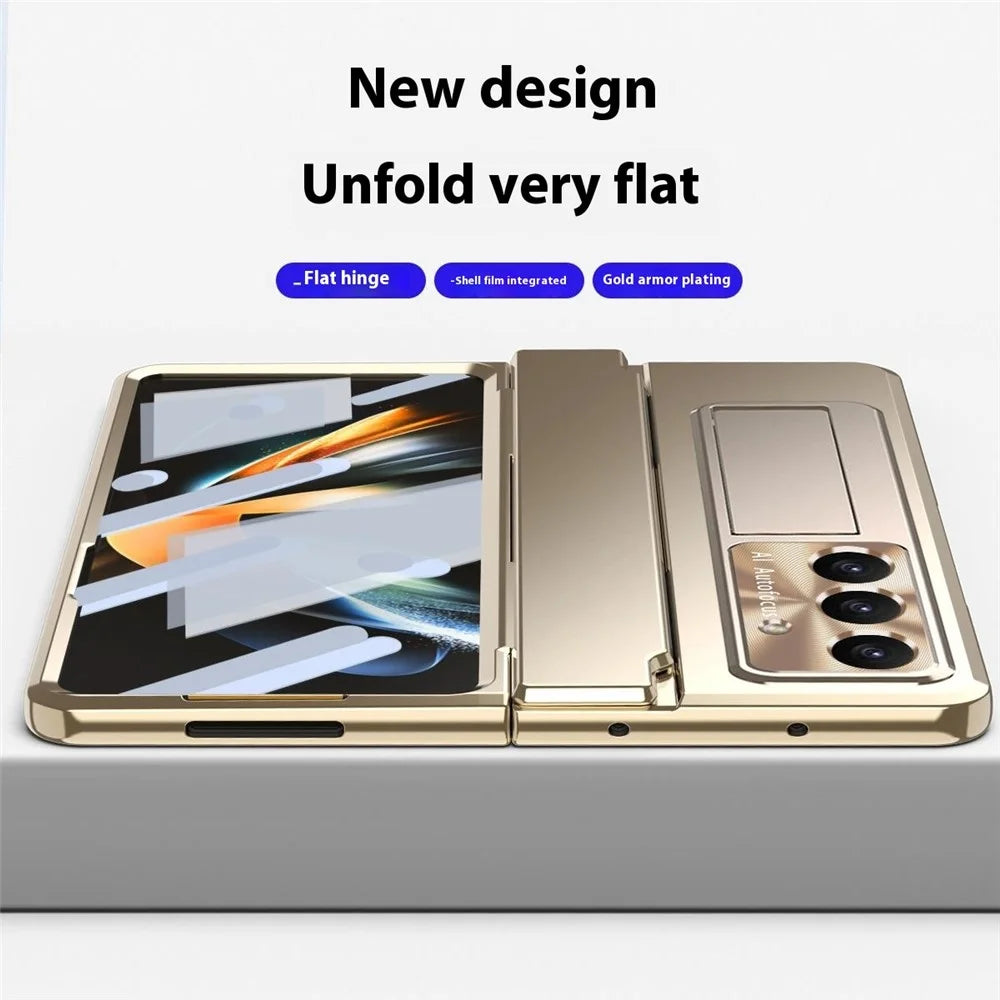 For Samsung Galaxy Z Fold7 5G Case Hinge Protection Hard PC Phone Cover with Screen Film / Stylus - Gold - 5