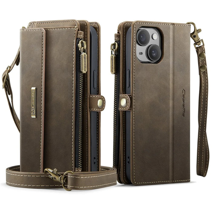 CASEME For iPhone 14 Case  C39 RFID Blocking Zipper Wallet Stand Leather Cover with Strap - Brown - 2