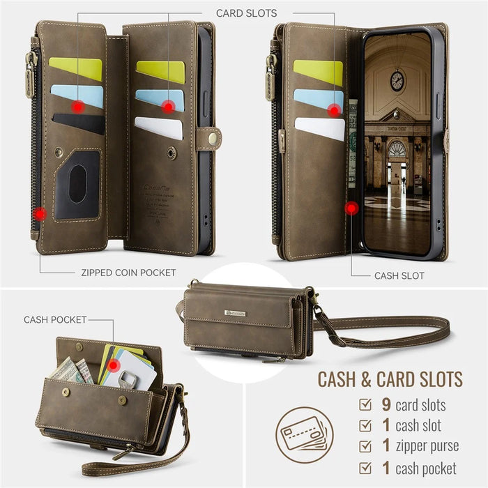 CASEME For iPhone 14 Case  C39 RFID Blocking Zipper Wallet Stand Leather Cover with Strap - Brown - 3
