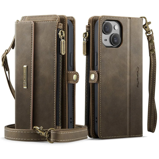 CASEME For iPhone 14 Plus Case  C39 RFID Blocking Zipper Wallet Stand Leather Cover with Strap - Brown - 2