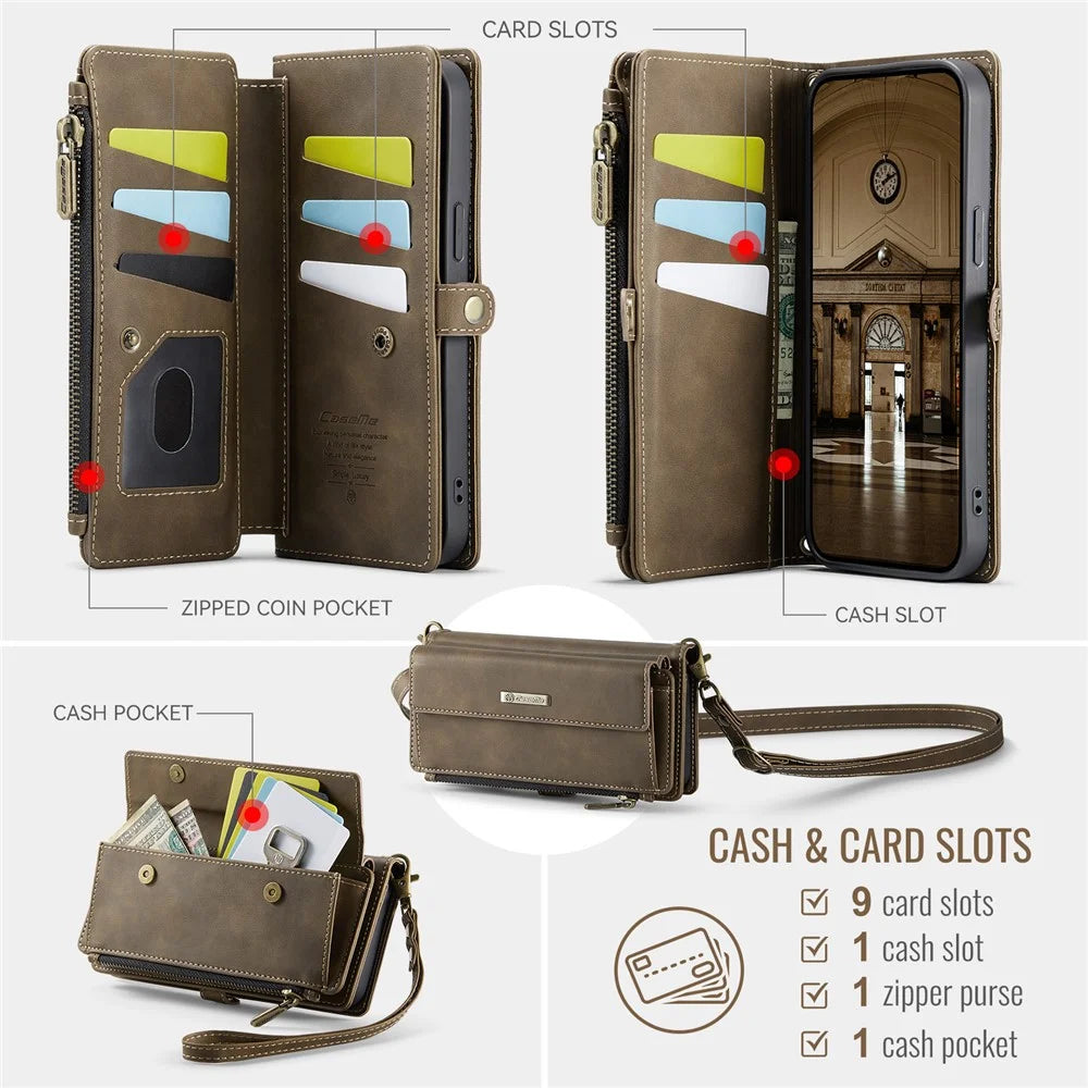 CASEME For iPhone 14 Plus Case  C39 RFID Blocking Zipper Wallet Stand Leather Cover with Strap - Brown - 3