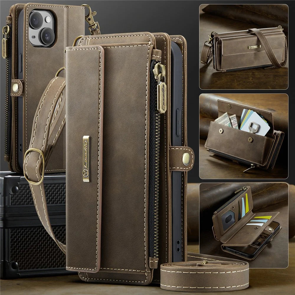 CASEME For iPhone 14 Plus Case  C39 RFID Blocking Zipper Wallet Stand Leather Cover with Strap - Brown - 5