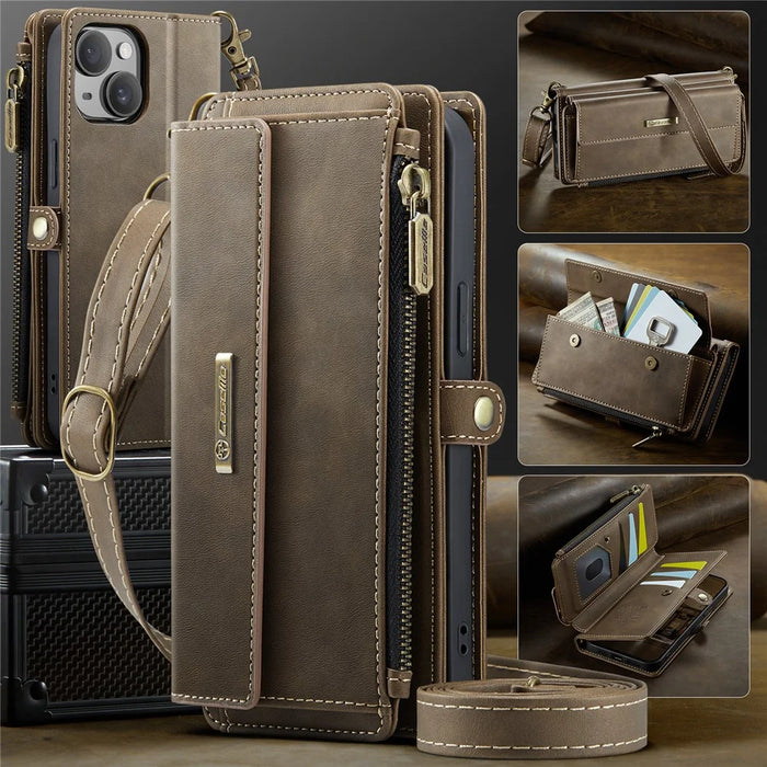 CASEME For iPhone 13 mini 5.4 inch Case  C39 RFID Blocking Zipper Wallet Stand Leather Cover with Strap - Brown - 5