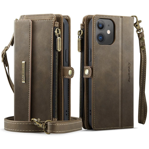 CASEME For iPhone 12 mini 5.4 inch Case  C39 RFID Blocking Zipper Wallet Stand Leather Cover with Strap - Brown - 2