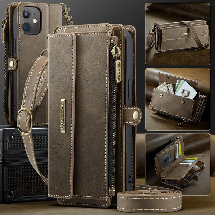 CASEME For iPhone 12 mini 5.4 inch Case  C39 RFID Blocking Zipper Wallet Stand Leather Cover with Strap - Brown - 5
