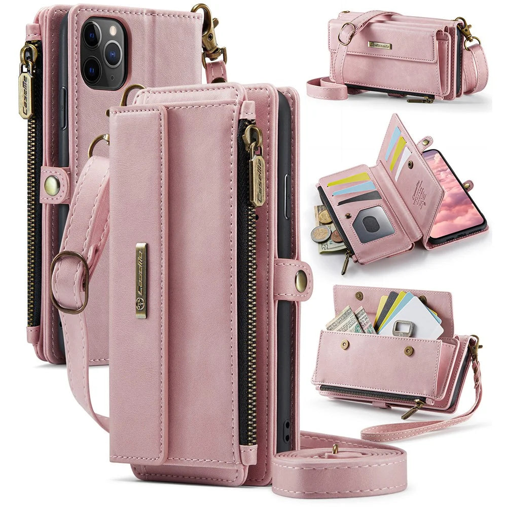 CASEME For iPhone 11 Pro Max Case  C39 RFID Blocking Zipper Wallet Stand Leather Cover with Strap - Pink - 1