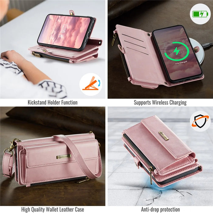CASEME For iPhone 11 Pro Max Case  C39 RFID Blocking Zipper Wallet Stand Leather Cover with Strap - Pink - 4