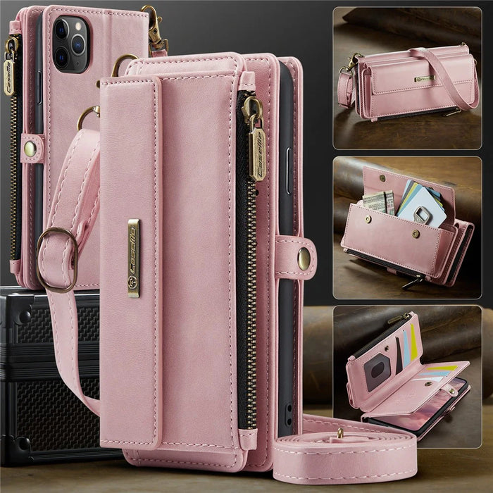 CASEME For iPhone 11 Pro Max Case  C39 RFID Blocking Zipper Wallet Stand Leather Cover with Strap - Pink - 5