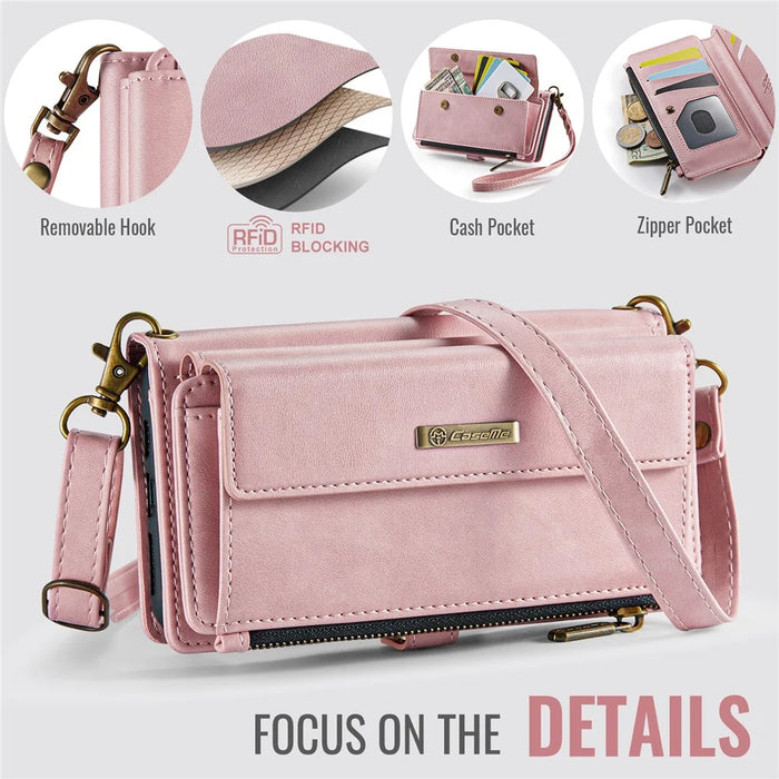 CASEME For iPhone 11 Pro Max Case  C39 RFID Blocking Zipper Wallet Stand Leather Cover with Strap - Pink - 7