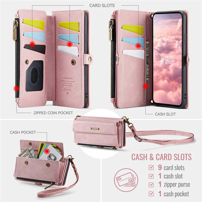 CASEME For iPhone 11 Pro Case  C39 RFID Blocking Zipper Wallet Stand Leather Cover with Strap - Pink - 3