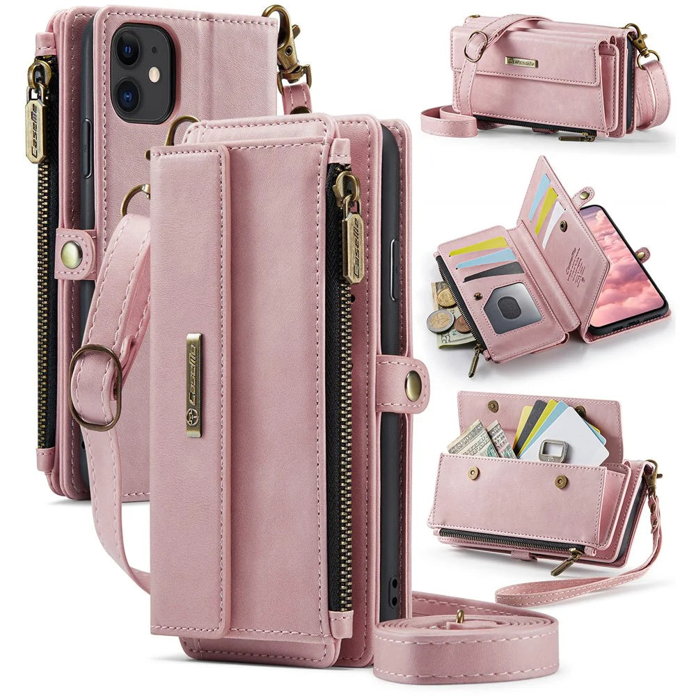 CASEME For iPhone 11 Case  C39 RFID Blocking Zipper Wallet Stand Leather Cover with Strap - Pink - 1