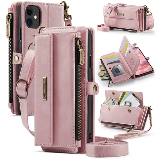 CASEME For iPhone 11 Case  C39 RFID Blocking Zipper Wallet Stand Leather Cover with Strap - Pink - 1
