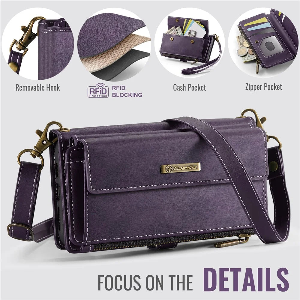 CASEME For iPhone XS Max 6.5 inch Case  C39 RFID Blocking Zipper Wallet Stand Leather Cover with Strap - Purple - 7