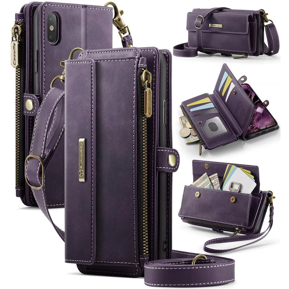 CASEME For iPhone XS 5.8 inch / iPhone X Case  C39 RFID Blocking Zipper Wallet Stand Leather Cover with Strap - Purple - 1