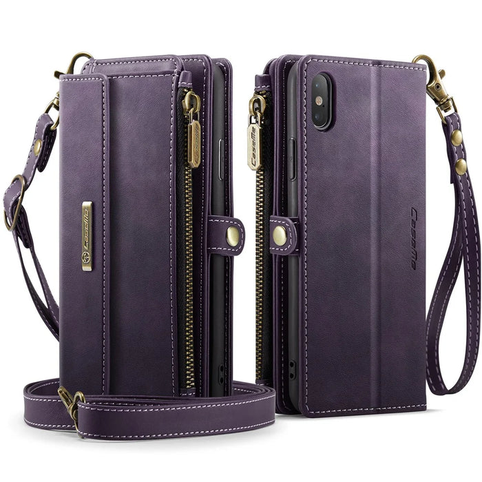 CASEME For iPhone XS 5.8 inch / iPhone X Case  C39 RFID Blocking Zipper Wallet Stand Leather Cover with Strap - Purple - 2