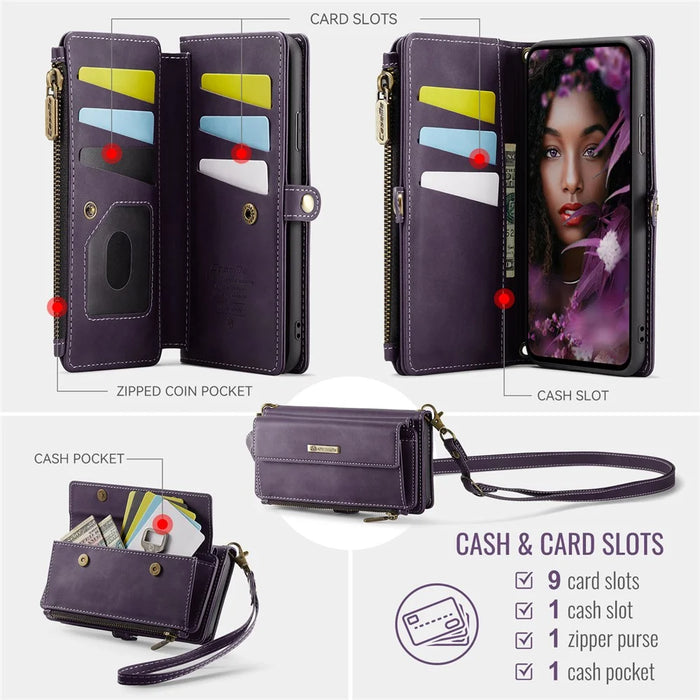 CASEME For iPhone XS 5.8 inch / iPhone X Case  C39 RFID Blocking Zipper Wallet Stand Leather Cover with Strap - Purple - 3