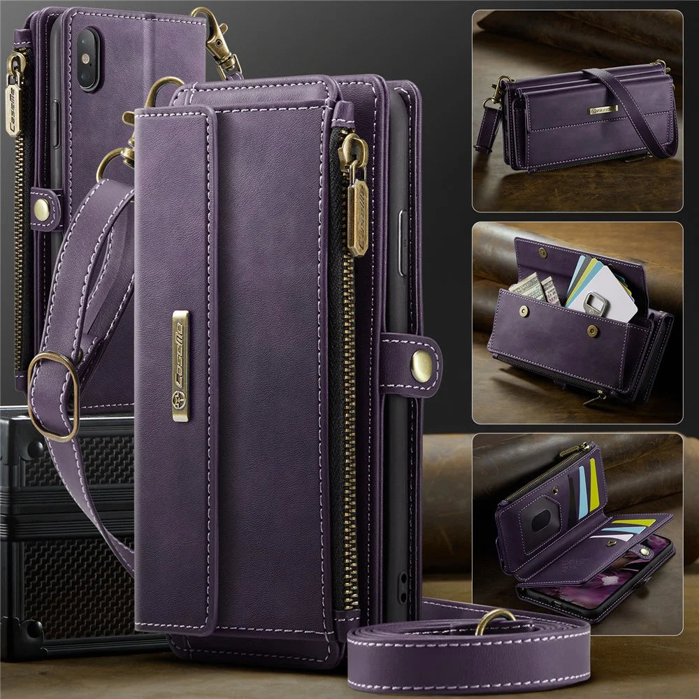 CASEME For iPhone XS 5.8 inch / iPhone X Case  C39 RFID Blocking Zipper Wallet Stand Leather Cover with Strap - Purple - 5