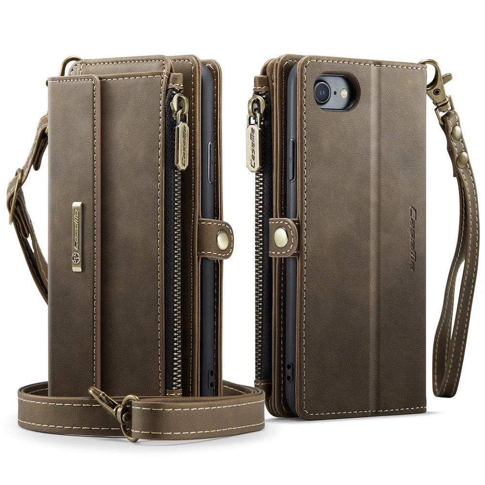 CASEME For iPhone 7 4.7 inch / iPhone 8 4.7 inch / iPhone SE (2020) / iPhone SE (2022) / iPhone 6 4.7-inch Case  C39 RFID Blocking Zipper Wallet Stand Leather Cover with Strap - Brown - 2