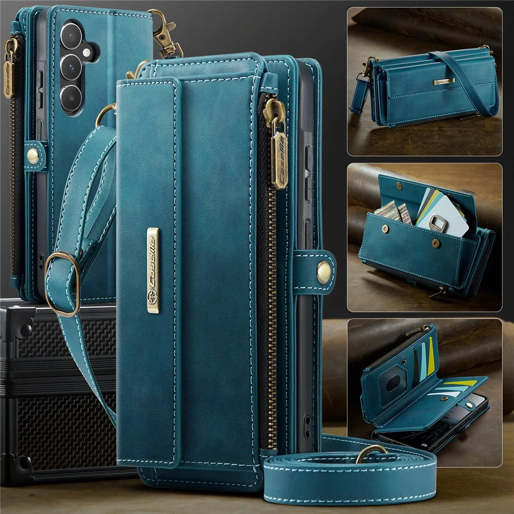 CASEME For Samsung Galaxy A55 5G Case  C39 RFID Blocking Zipper Wallet Stand Leather Cover with Strap - Green - 5