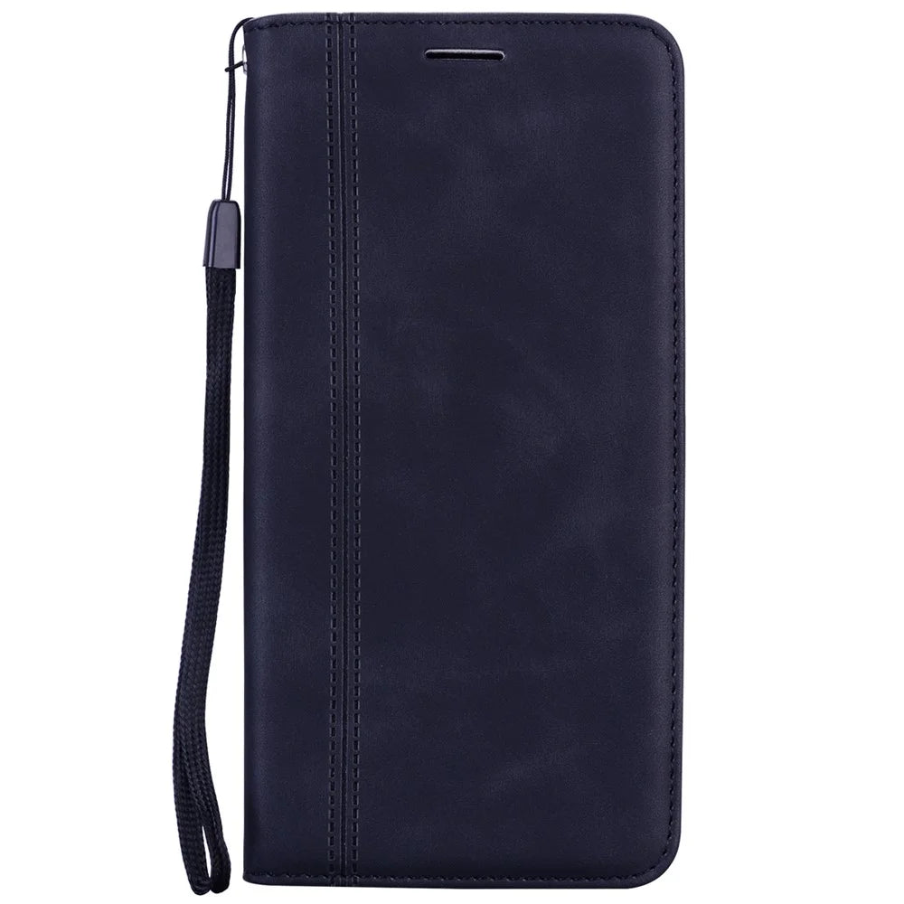 For Samsung Galaxy A55 5G Case Business Style Magnetic Closure Leather Phone Cover with Strap - Black - 6