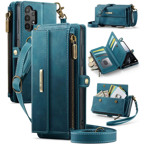 CASEME For Samsung Galaxy A13 5G / Galaxy A13 4G Case  C39 RFID Blocking Zipper Wallet Stand Leather Cover with Strap - Green - 1