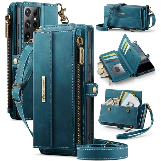 CASEME For Samsung Galaxy S21 Ultra 5G Case  C39 RFID Blocking Zipper Wallet Stand Leather Cover with Strap - Green - 1