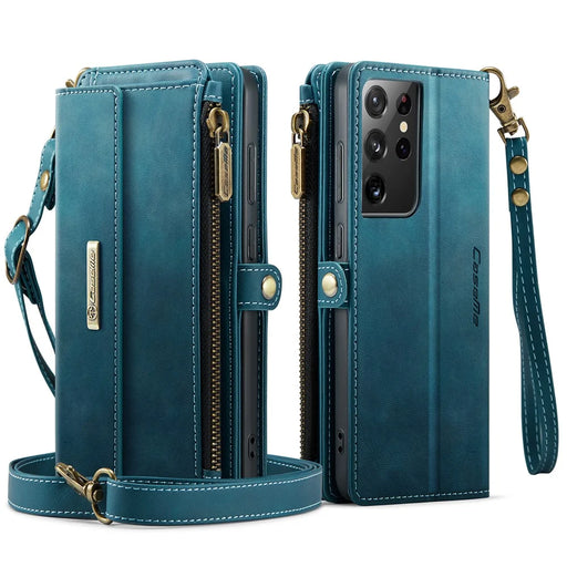 CASEME For Samsung Galaxy S21 Ultra 5G Case  C39 RFID Blocking Zipper Wallet Stand Leather Cover with Strap - Green - 2
