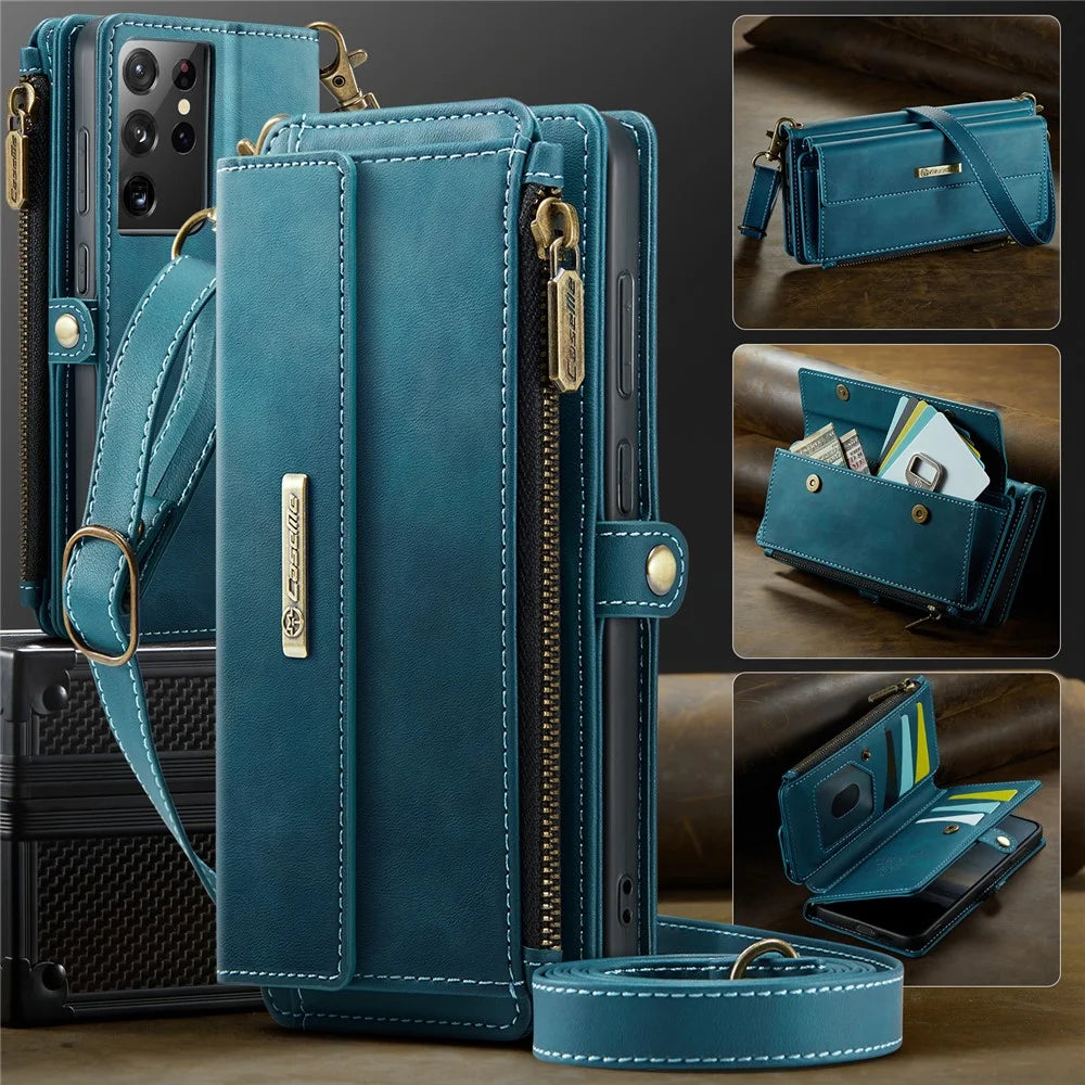 CASEME For Samsung Galaxy S21 Ultra 5G Case  C39 RFID Blocking Zipper Wallet Stand Leather Cover with Strap - Green - 5