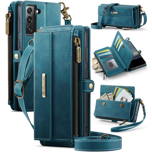 CASEME For Samsung Galaxy S21 FE 5G Case  C39 RFID Blocking Zipper Wallet Stand Leather Cover with Strap - Green - 1