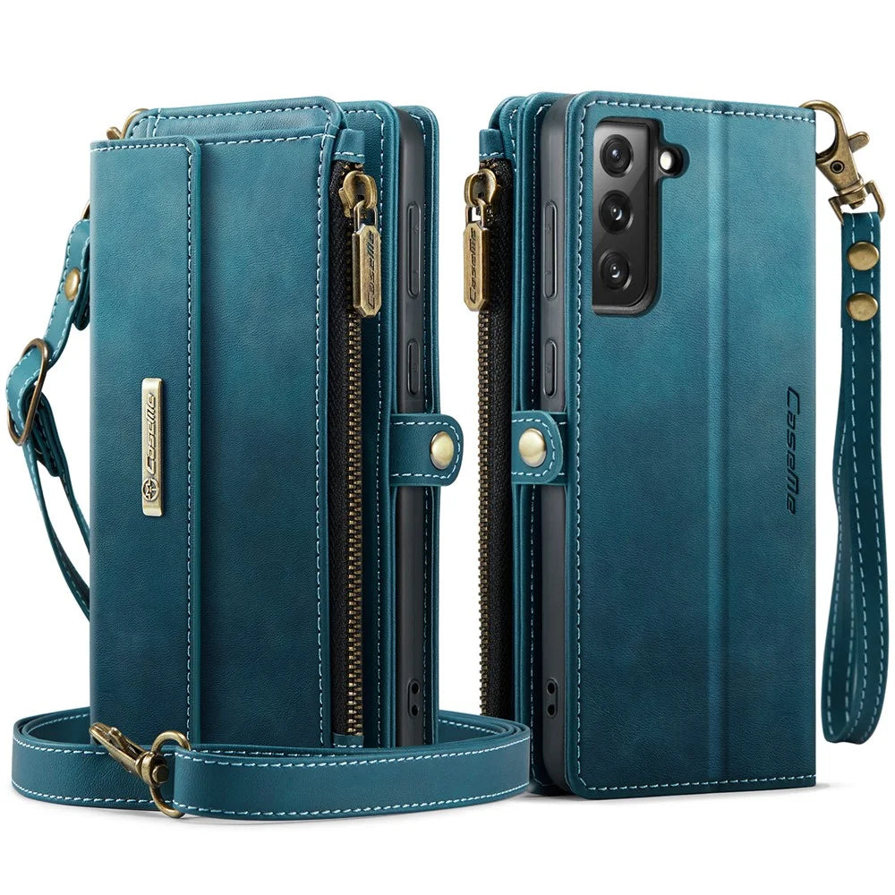 CASEME For Samsung Galaxy S21 FE 5G Case  C39 RFID Blocking Zipper Wallet Stand Leather Cover with Strap - Green - 2