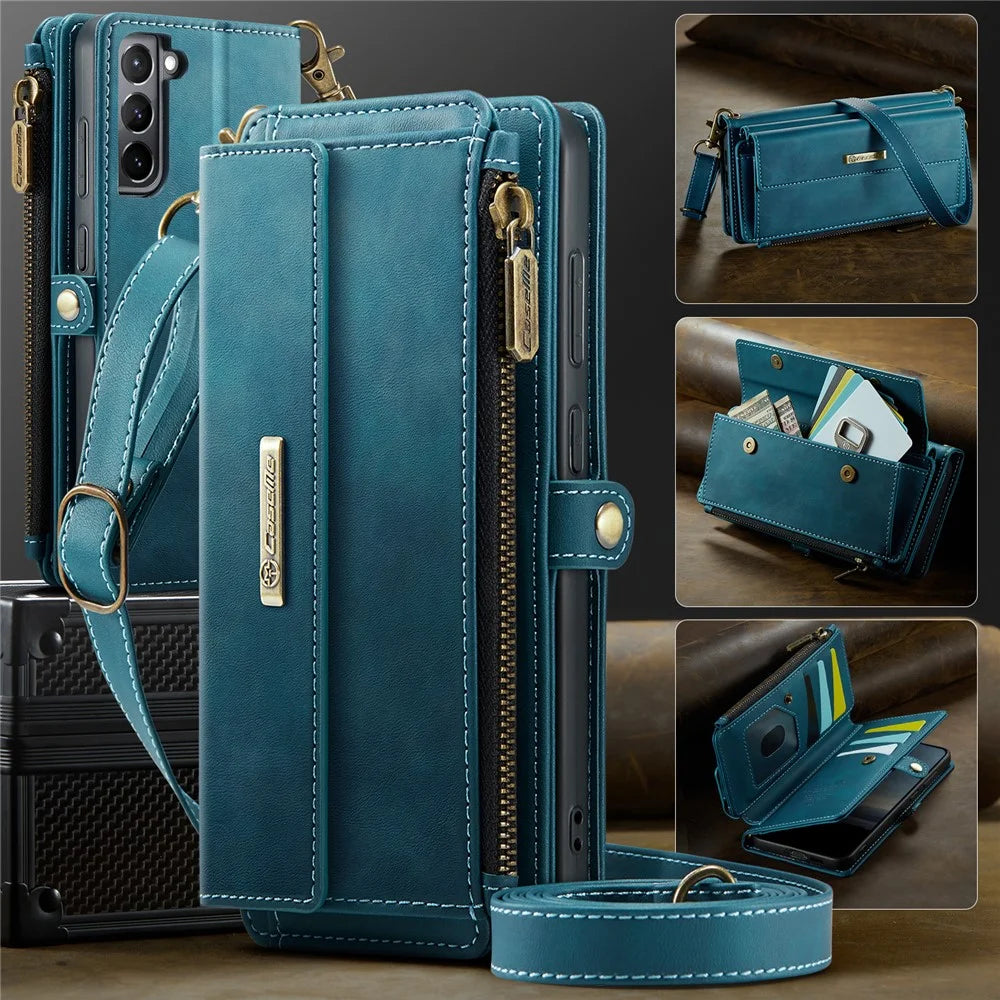 CASEME For Samsung Galaxy S21 4G / Galaxy S21 5G Case  C39 RFID Blocking Zipper Wallet Stand Leather Cover with Strap - Green - 5