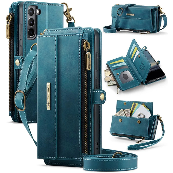 CASEME For Samsung Galaxy S21+ 5G Case  C39 RFID Blocking Zipper Wallet Stand Leather Cover with Strap - Green - 1