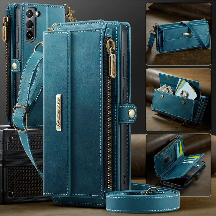CASEME For Samsung Galaxy S21+ 5G Case  C39 RFID Blocking Zipper Wallet Stand Leather Cover with Strap - Green - 5