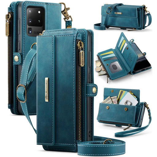 CASEME For Samsung Galaxy S20 Ultra Case  C39 RFID Blocking Zipper Wallet Stand Leather Cover with Strap - Green - 1