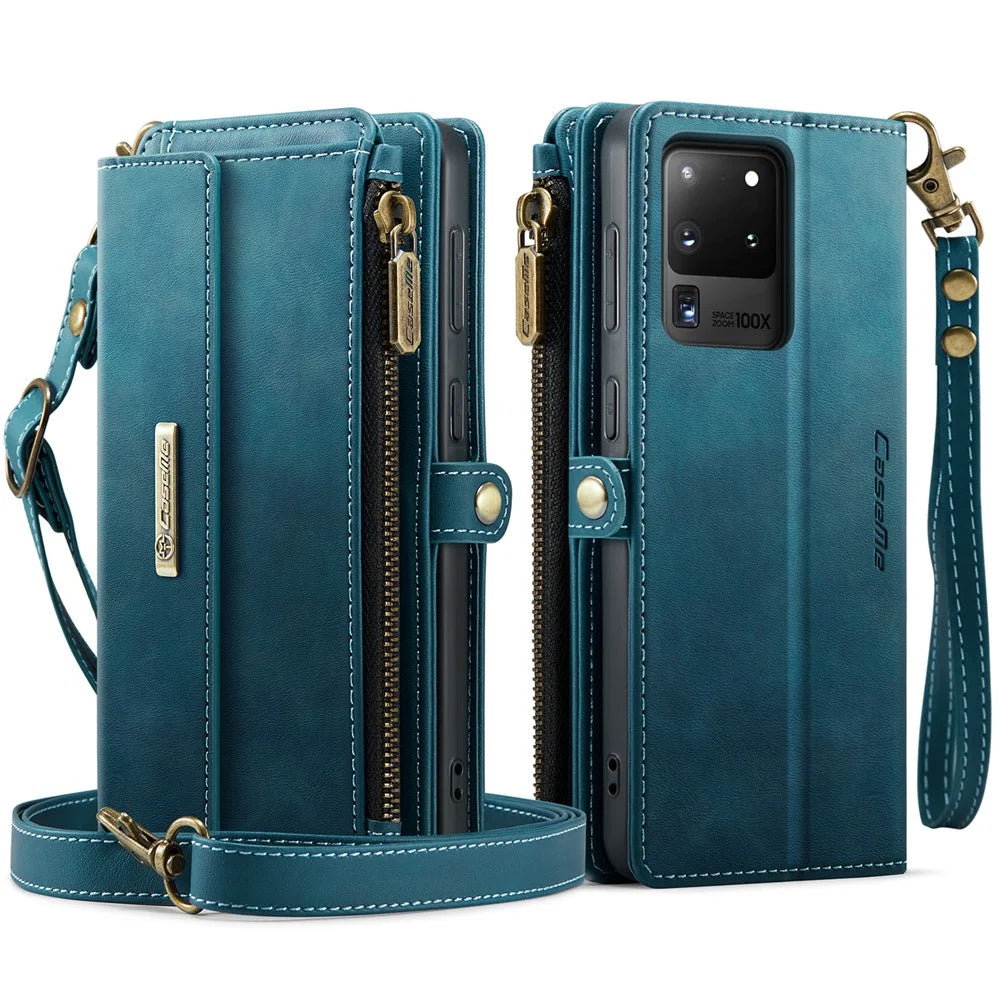 CASEME For Samsung Galaxy S20 Ultra Case  C39 RFID Blocking Zipper Wallet Stand Leather Cover with Strap - Green - 2