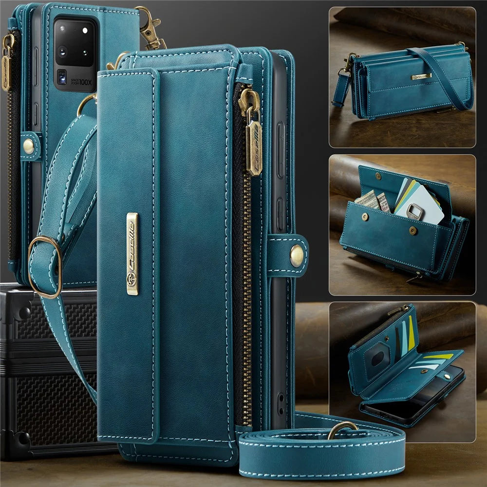 CASEME For Samsung Galaxy S20 Ultra Case  C39 RFID Blocking Zipper Wallet Stand Leather Cover with Strap - Green - 5
