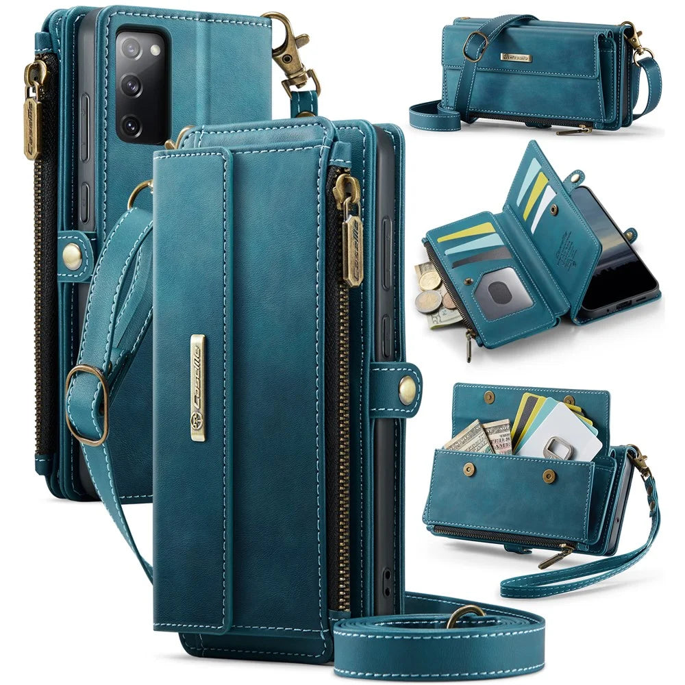 CASEME For Samsung Galaxy S20 FE Case  C39 RFID Blocking Zipper Wallet Stand Leather Cover with Strap - Green - 1