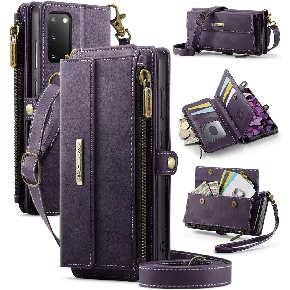 CASEME For Samsung Galaxy S20 4G / Galaxy S20 5G Case  C39 RFID Blocking Zipper Wallet Stand Leather Cover with Strap - Purple - 1