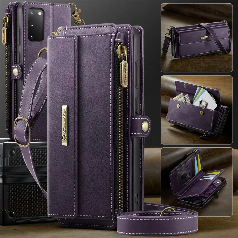 CASEME For Samsung Galaxy S20 4G / Galaxy S20 5G Case  C39 RFID Blocking Zipper Wallet Stand Leather Cover with Strap - Purple - 5