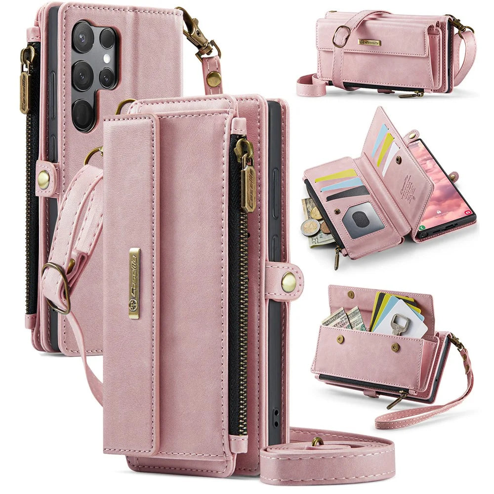 CASEME For Samsung Galaxy S23 Ultra Case  C39 RFID Blocking Zipper Wallet Stand Leather Cover with Strap - Pink - 1