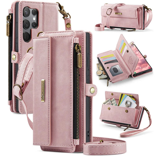 CASEME For Samsung Galaxy S23 Ultra Case  C39 RFID Blocking Zipper Wallet Stand Leather Cover with Strap - Pink - 1