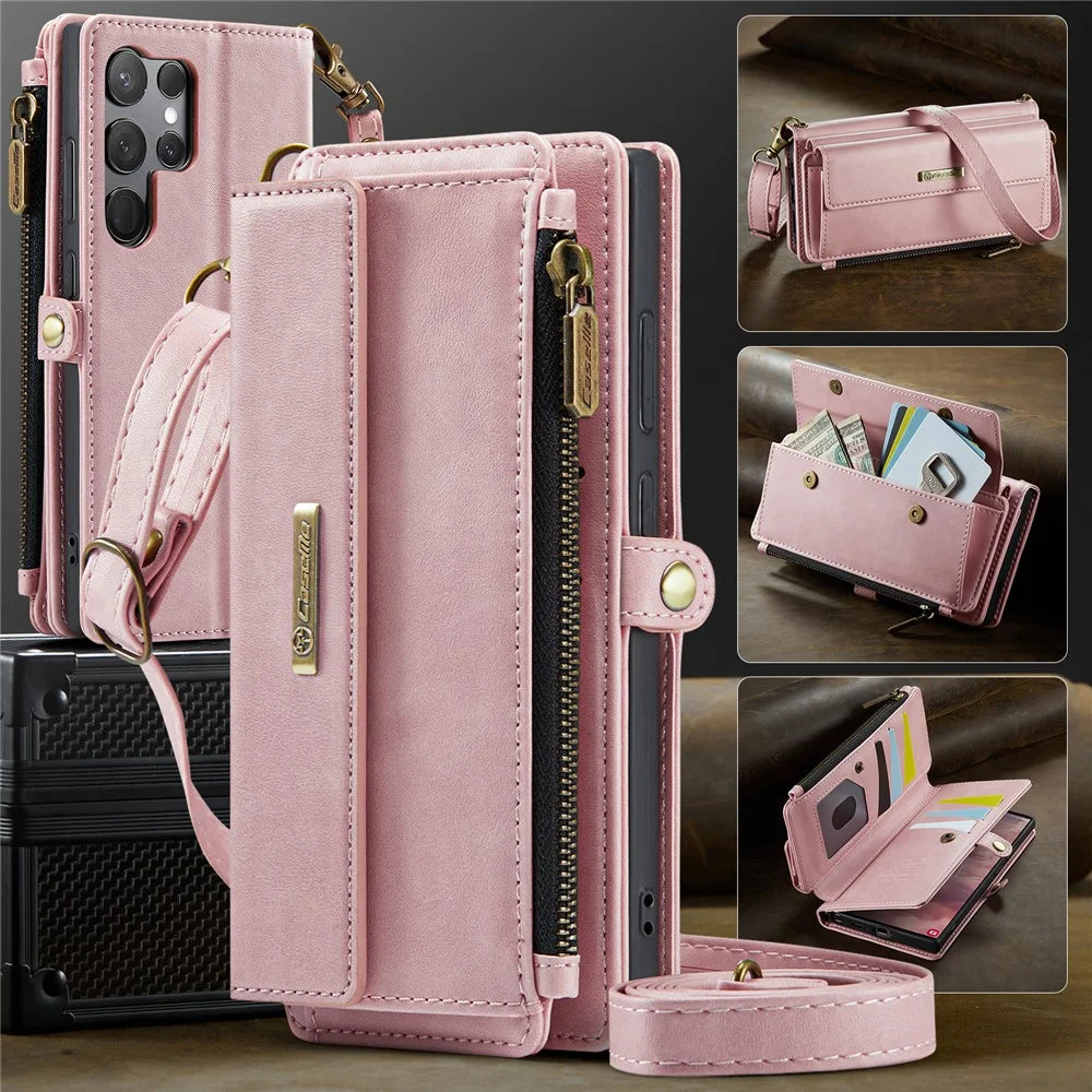 CASEME For Samsung Galaxy S23 Ultra Case  C39 RFID Blocking Zipper Wallet Stand Leather Cover with Strap - Pink - 5