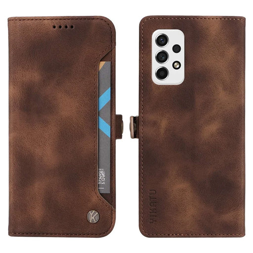 YIKATU YK-002 For Samsung Galaxy A23 5G (Global Version) / 4G / F23 5G / M23 5G / M13 4G Skin-touch Feeling Phone Case with Outer Card Slot Design, Collision-proof PU Leather Wallet Stand Shell - Brown - 1