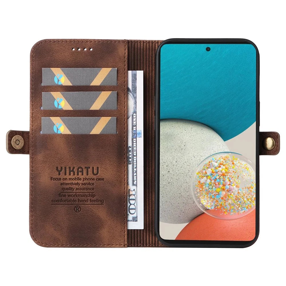 YIKATU YK-002 For Samsung Galaxy A23 5G (Global Version) / 4G / F23 5G / M23 5G / M13 4G Skin-touch Feeling Phone Case with Outer Card Slot Design, Collision-proof PU Leather Wallet Stand Shell - Brown - 2