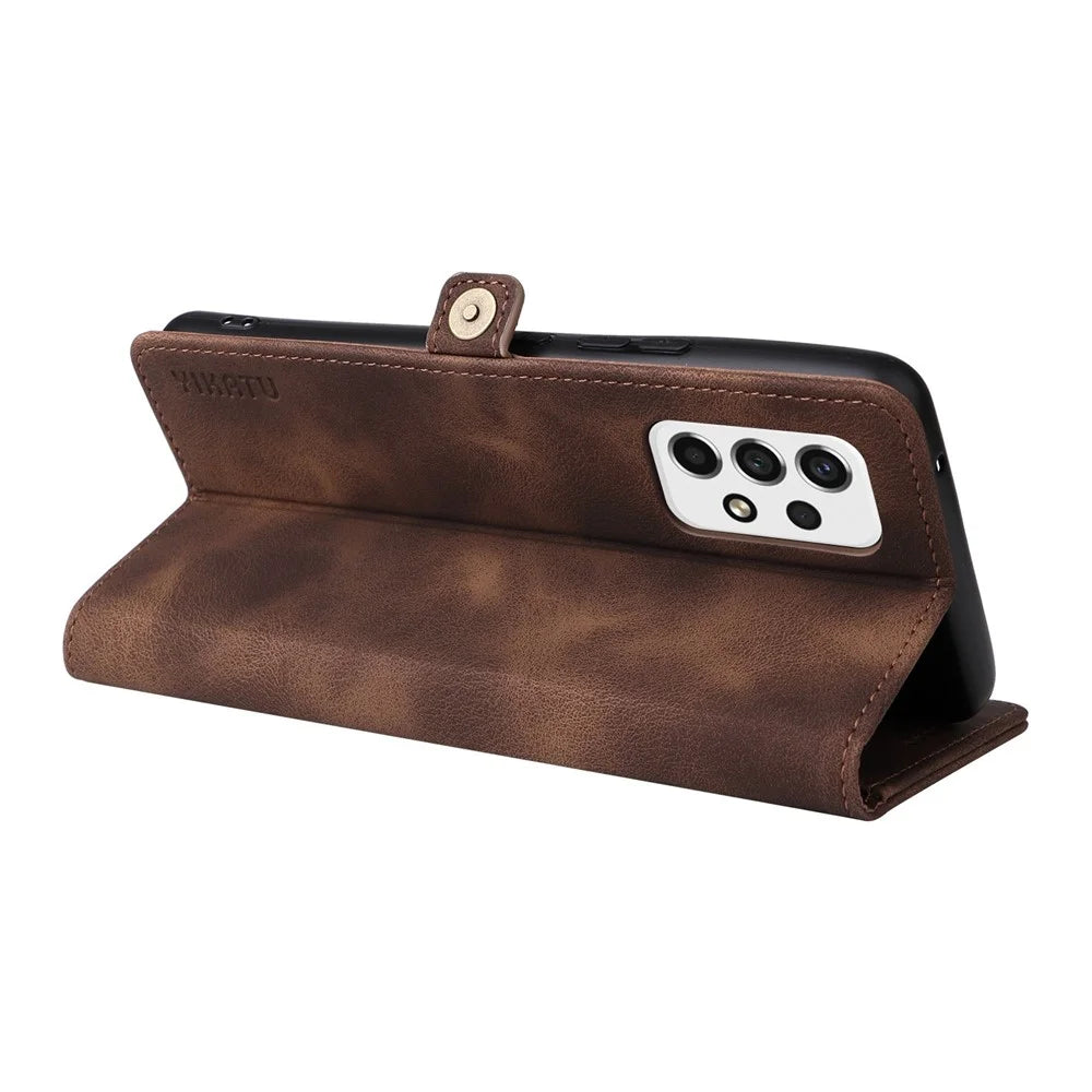 YIKATU YK-002 For Samsung Galaxy A23 5G (Global Version) / 4G / F23 5G / M23 5G / M13 4G Skin-touch Feeling Phone Case with Outer Card Slot Design, Collision-proof PU Leather Wallet Stand Shell - Brown - 4