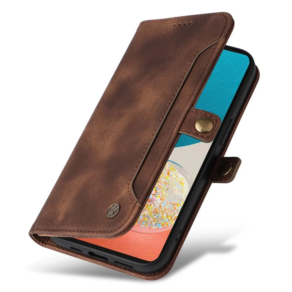 YIKATU YK-002 For Samsung Galaxy A23 5G (Global Version) / 4G / F23 5G / M23 5G / M13 4G Skin-touch Feeling Phone Case with Outer Card Slot Design, Collision-proof PU Leather Wallet Stand Shell - Brown - 5