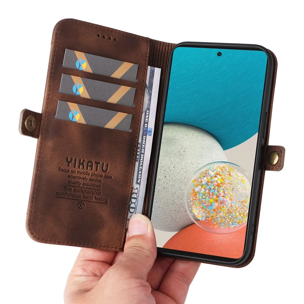 YIKATU YK-002 For Samsung Galaxy A23 5G (Global Version) / 4G / F23 5G / M23 5G / M13 4G Skin-touch Feeling Phone Case with Outer Card Slot Design, Collision-proof PU Leather Wallet Stand Shell - Brown - 6