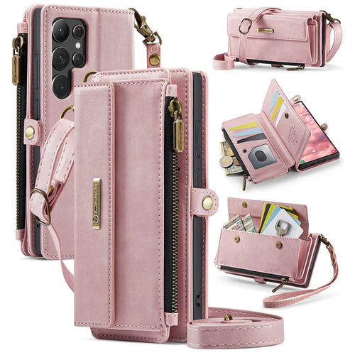 CASEME For Samsung Galaxy S22 Ultra 5G Case  C39 RFID Blocking Zipper Wallet Stand Leather Cover with Strap - Pink - 1